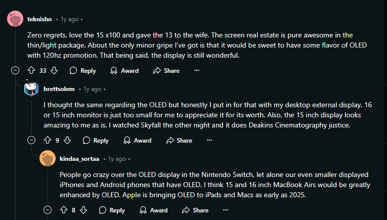 Discussion thread highlighting user opinions on OLED displays for laptops and devices, including mentions of MacBook Air, Nintendo Switch, and cinematography experiences with OLED screens.