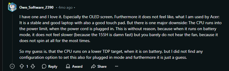 User review highlighting positive features of a Acer Swift Go Laptop, including an OLED screen, stable performance, and good touchpad, while mentioning a downside related to CPU power limits when plugged in.