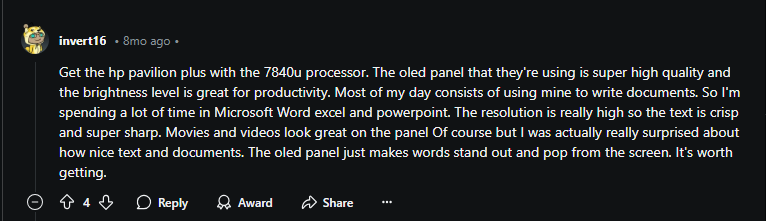 User review recommending the HP Pavilion Plus with the 7840u processor, praising the high-quality OLED panel, sharp resolution, and suitability for productivity tasks like writing documents and watching videos.