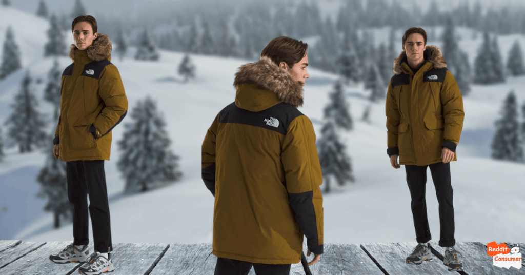 Male model wearing The North Face Men’s McMurdo Bomber Jacket in brown with fur hood, displayed from front, side, and back against snowy mountain forest background