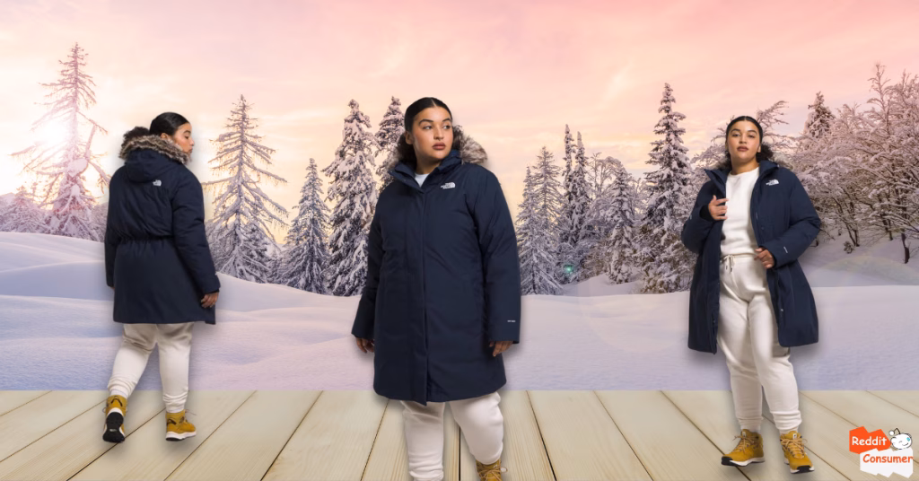 Female model wearing The North Face Women’s Arctic Parka in navy blue with fur hood, displayed in multiple angles against snowy forest at sunset