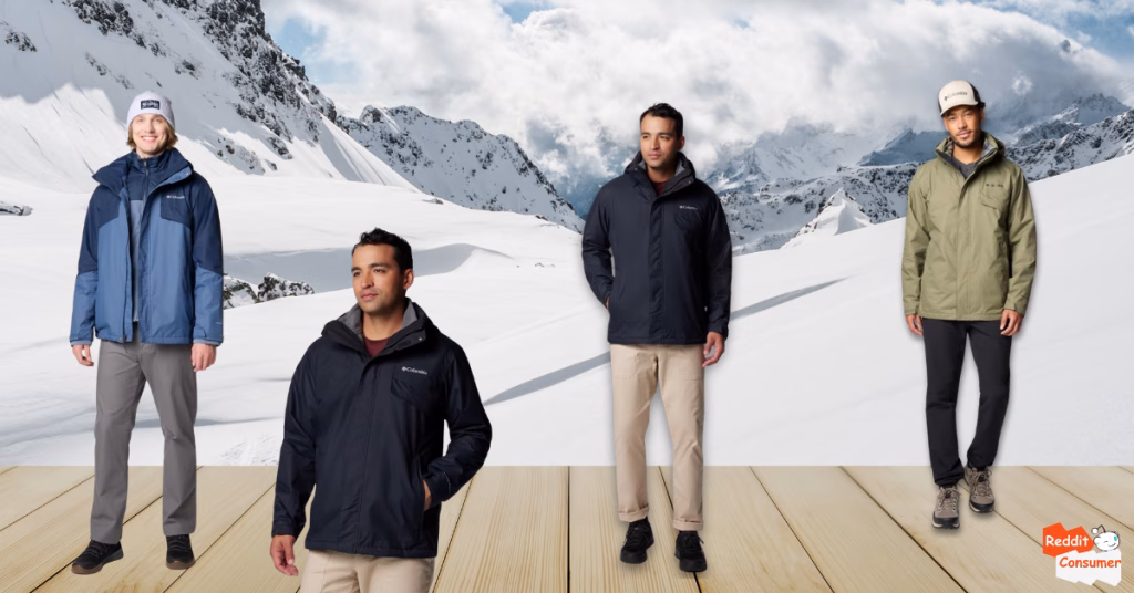 Models wearing Columbia Men’s Bugaboo III Interchange Jacket in navy blue, black, and olive green colors, displayed on snowy mountain background with wooden deck