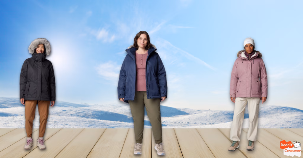 Models wearing Columbia Women’s Suttle Mountain III Insulated Jacket in black, navy, and pink colors, posed against snowy mountain background with wooden deck