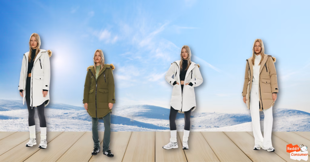 Models wearing Orolay Women’s Thickened Down Jacket in white, green, and beige, displayed on snowy mountain background with wooden deck