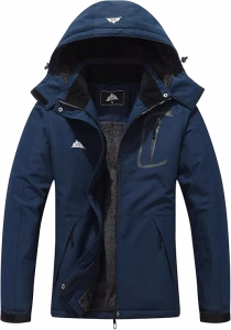 MOERDENG Men’s Waterproof Ski Jacket in black with hood and fleece lining, displayed front view with partially open zipper.