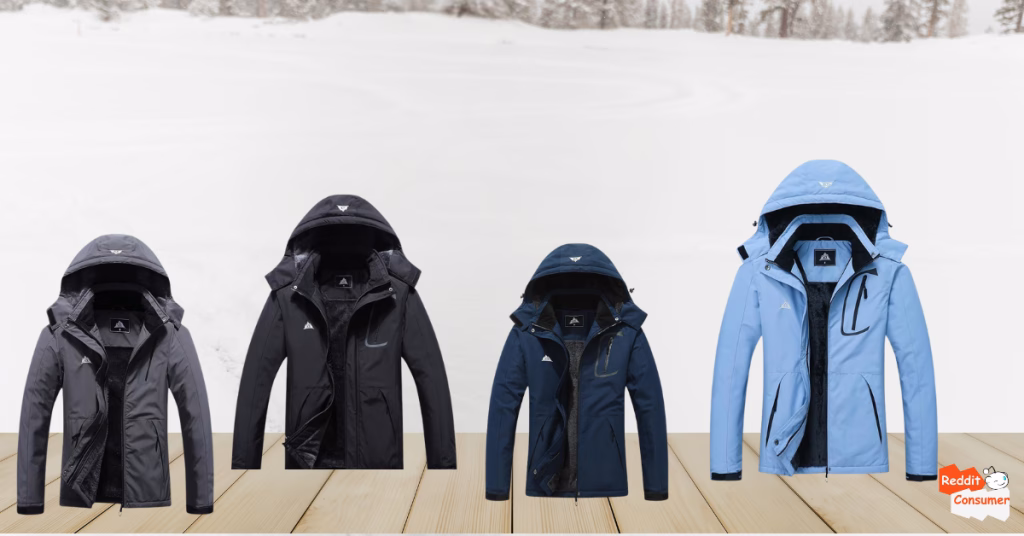 MOERDENG Men’s Waterproof Ski Jackets in gray, black, navy, and light blue displayed side by side on wooden deck with snowy background