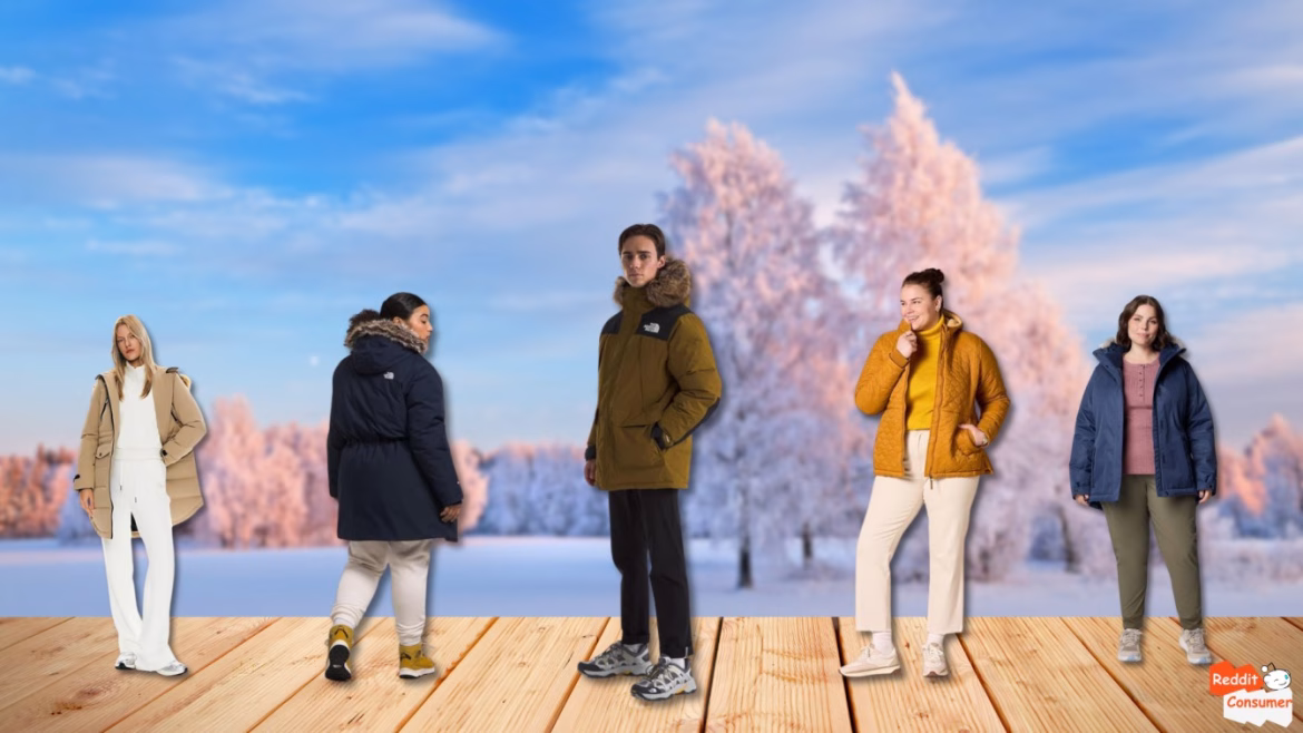 Five models wearing different winter jackets on wooden deck with snowy forest background – Best Winter Jackets Reddit 2025