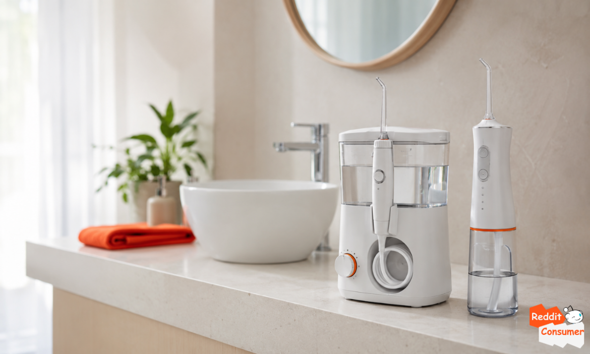 Best water flosser 2026 featuring countertop and cordless water flossers on a modern bathroom counter.